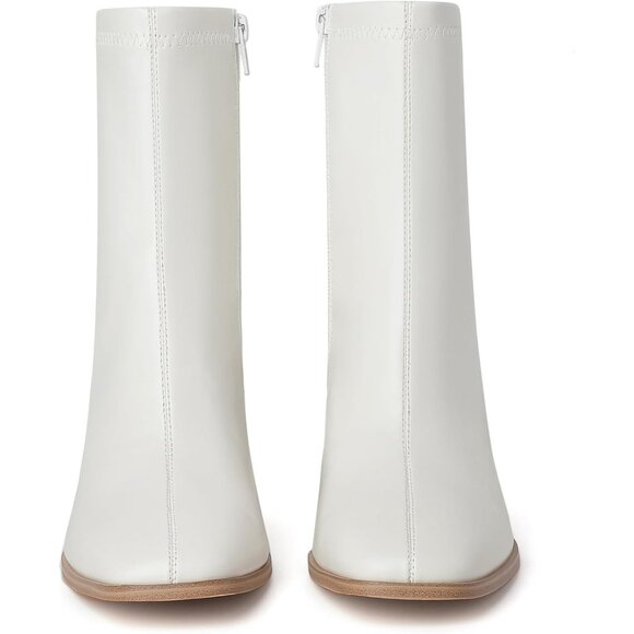 Women's White Chunky Block Heel Square Toe Side Zipper Short Booties - Picture 5 of 9
